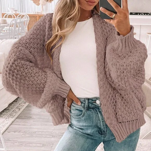 Khaki Casual Women's Dropped Shoulder Long Sleeve Hollow Out Loose Cardigan - Picture 1 of 7